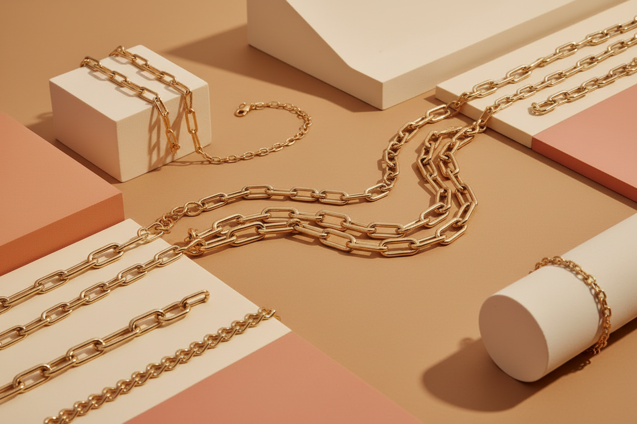 Flat lay chaînes dorées fond beige